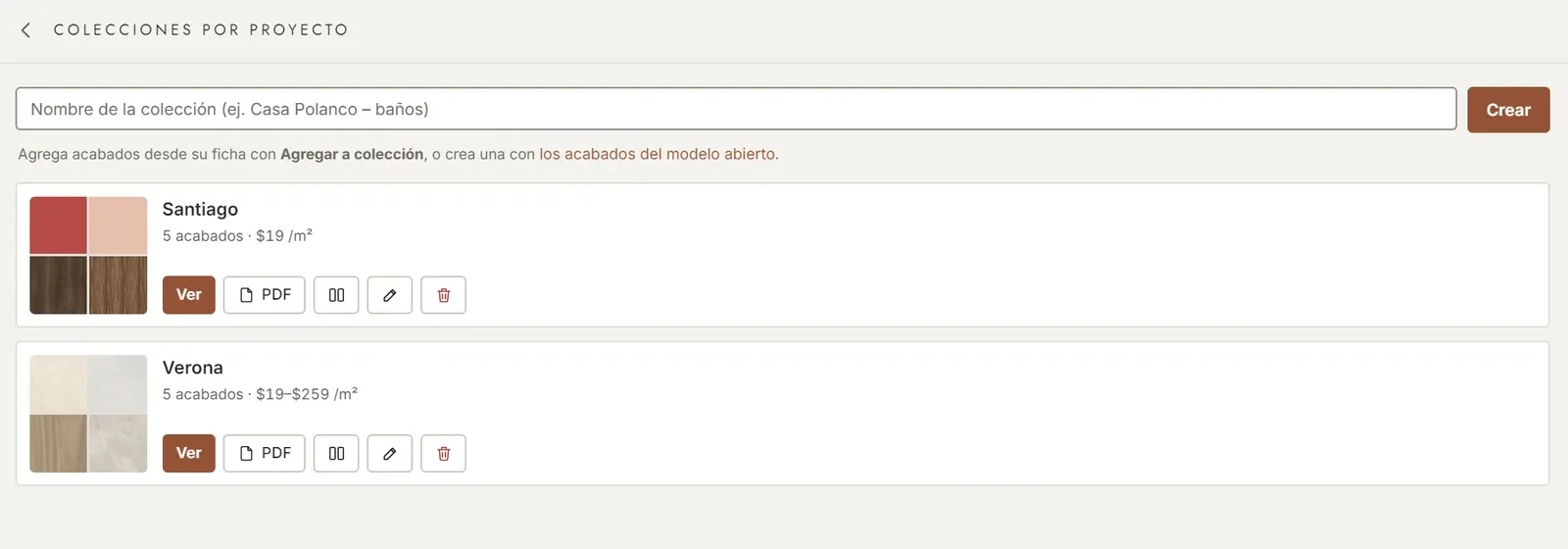 Colecciones por proyecto: guarda los acabados de cada obra y expórtalos en PDF.