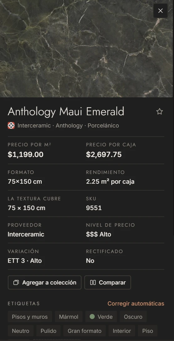 Ficha de Anthology Maui Emerald (Interceramic, México): todo lo que necesitas para elegirlo y presupuestarlo.