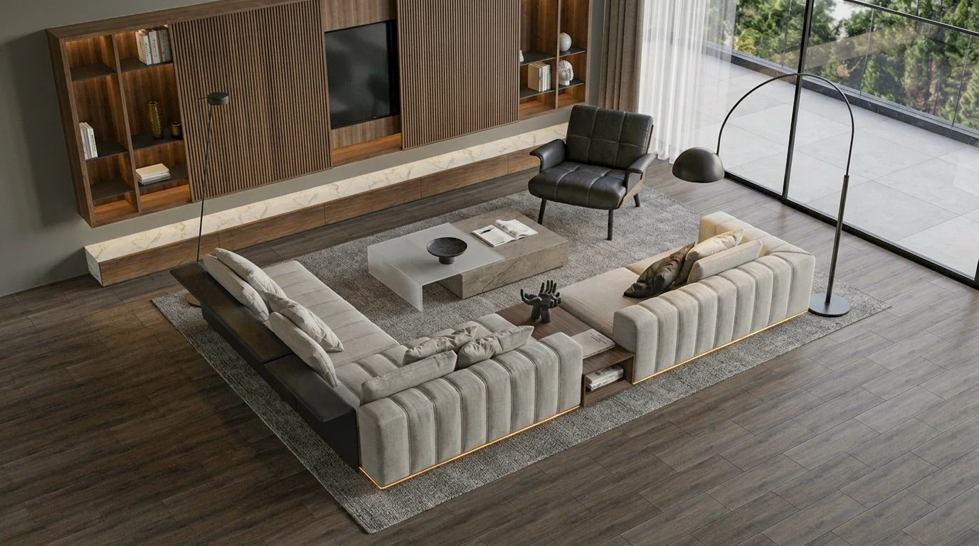 Sala: piso Rainforest Brown de Interceramic, balcón Lounge Grey Natural de Telhanorte, mueble en melamina Rioja de Arauco, base de piedra Wondr de Cosentino y muro pintado Terra Fértil de Suvinil.